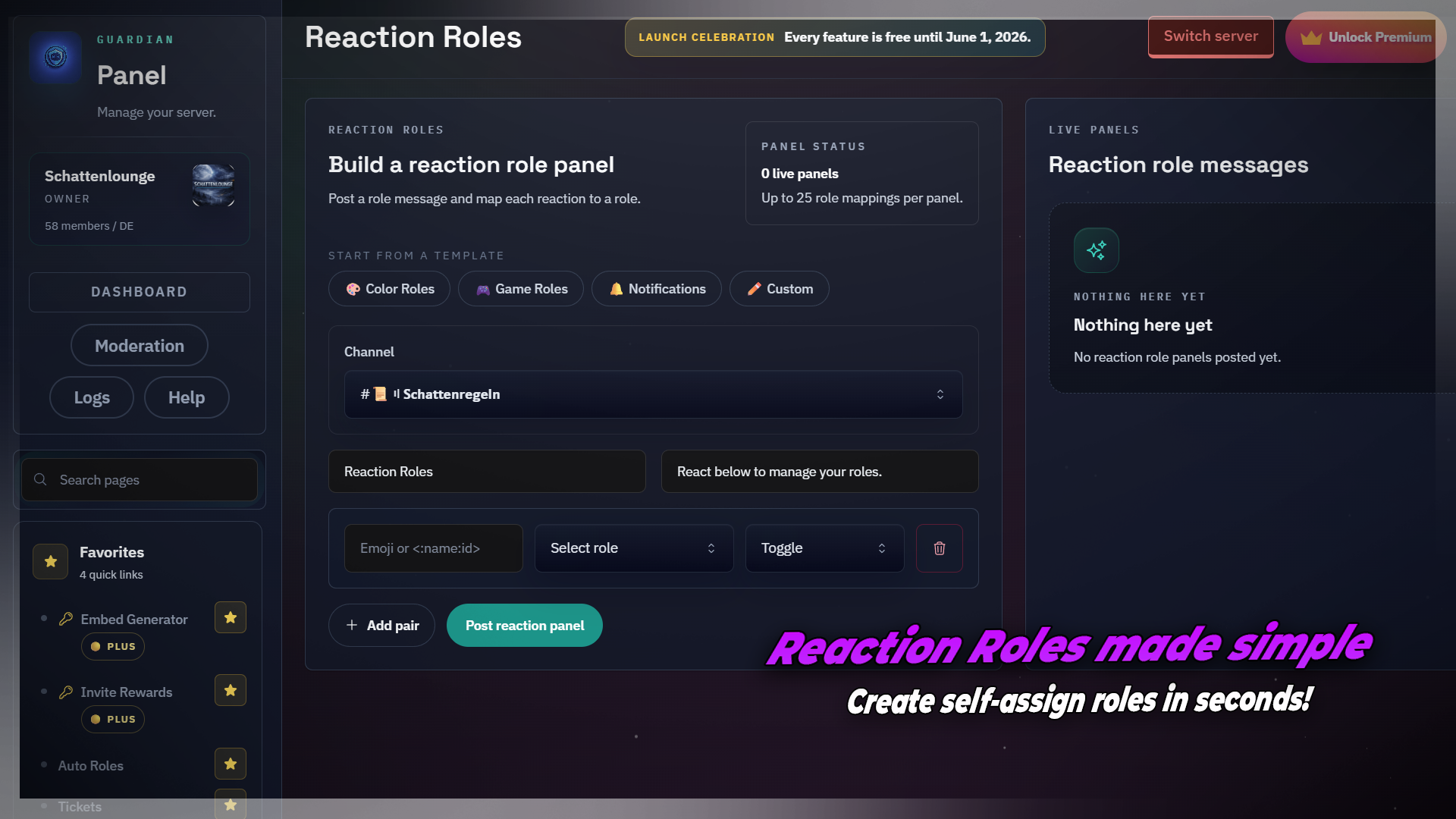 Reaction roles without extra bots screenshot